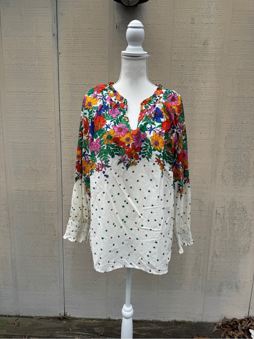 Talbots White Peasant Blouse with Bright Multicolor Floral Yoke